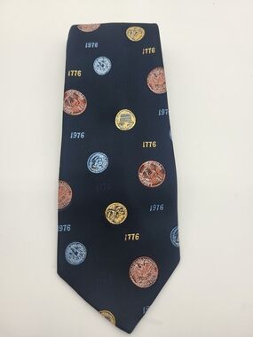 Oleg Cassini Navy Tie with Gold, Copper and Light Blue Coin Motif